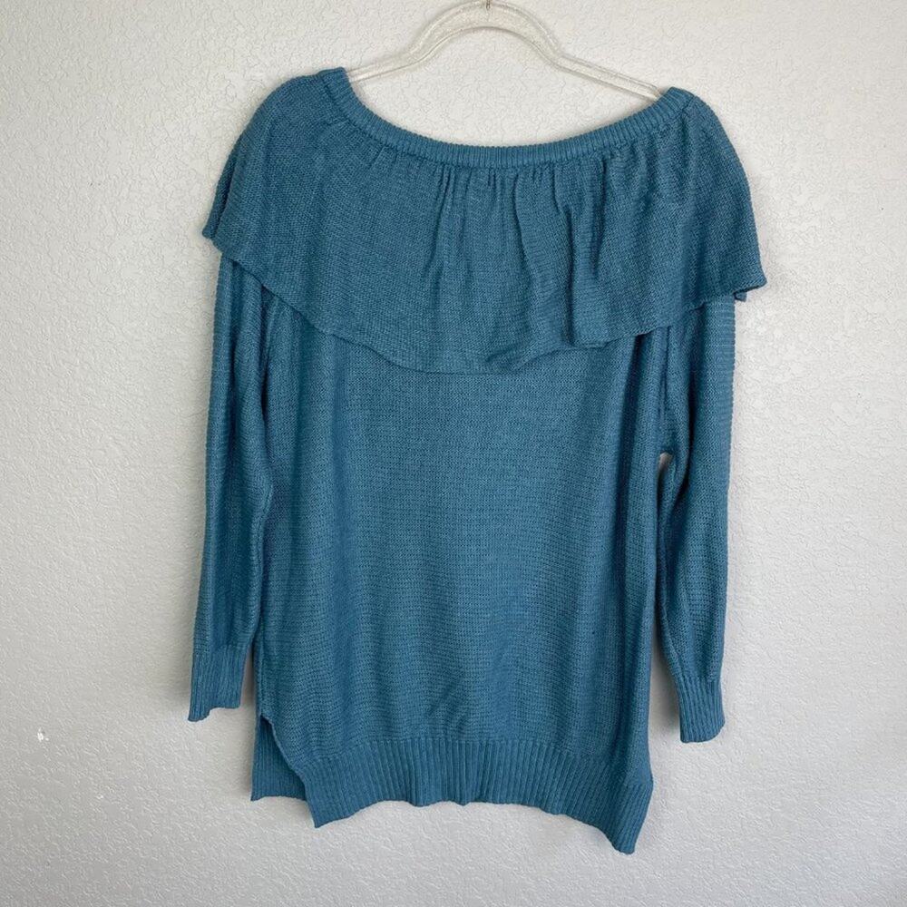 TCEC Dusty Blue Off the Shoulder Ruffle Sweater L - Picture 8 of 8